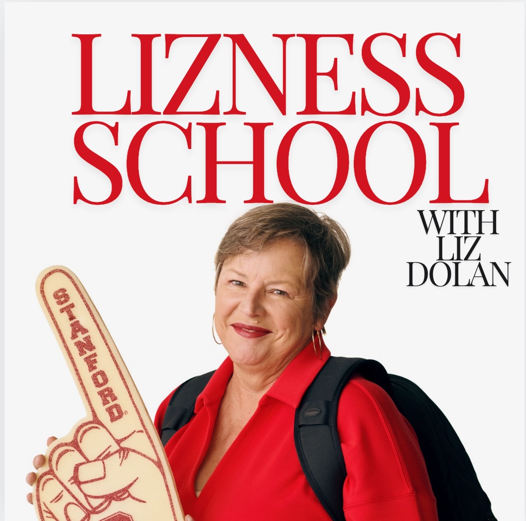 DCI Fellow Liz Dolan (2024) holding "Stanford" foam finger. Image for her podcast, LIzness